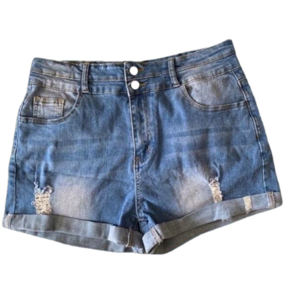High-Waisted Denim Shorts Blue Double Button Distressed NWT - Picture 2 of 8